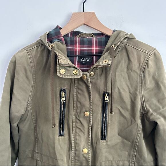Topshop Zip Up Hooded Utility Jacket Green Size 6 - Picture 2 of 9